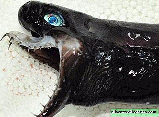 في المحيط الهادئ ، تم سحب 5 أسماك قرش أفعى نادرة ممتدة فكيها ، كما هو الحال في الغريبة