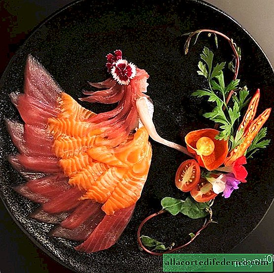 The artist creates real masterpieces of raw fish and other products on plates