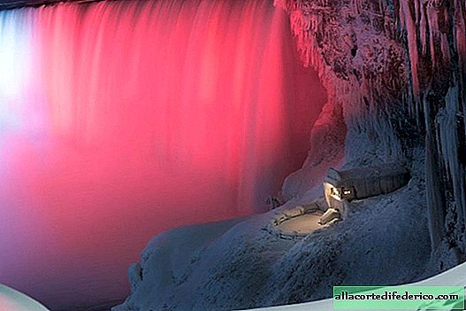 What does frozen Niagara Falls look like at night, illuminated by colorful lights