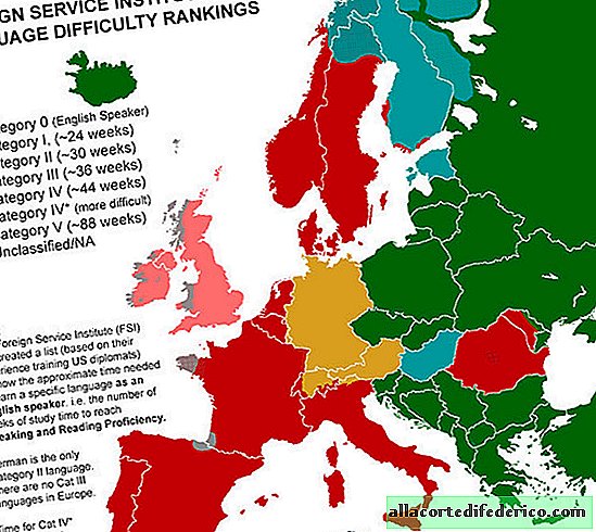 De kaart laat zien hoe lang het duurt om verschillende talen van de wereld te leren.