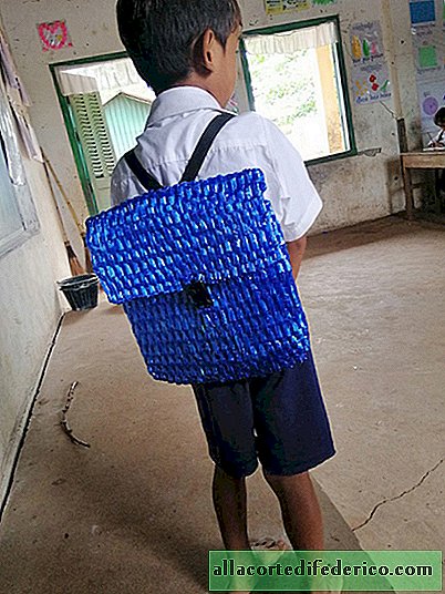 A father from Cambodia could not afford to buy his son a school backpack and made it himself