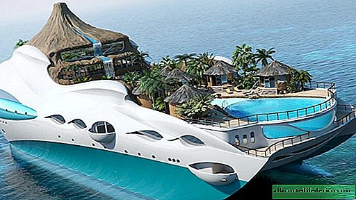 Mobile paradise island with a volcano on a yacht