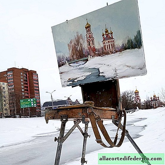Artiste russe montre le paysage et son interprétation sur toile dans un cadre